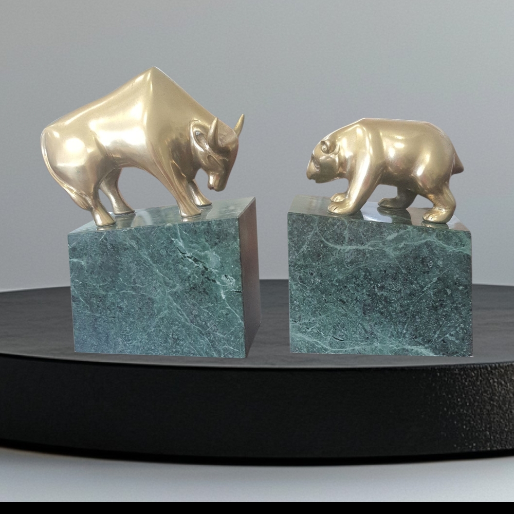 Bull and Bear Brass Sculptures on Green Marble  Base